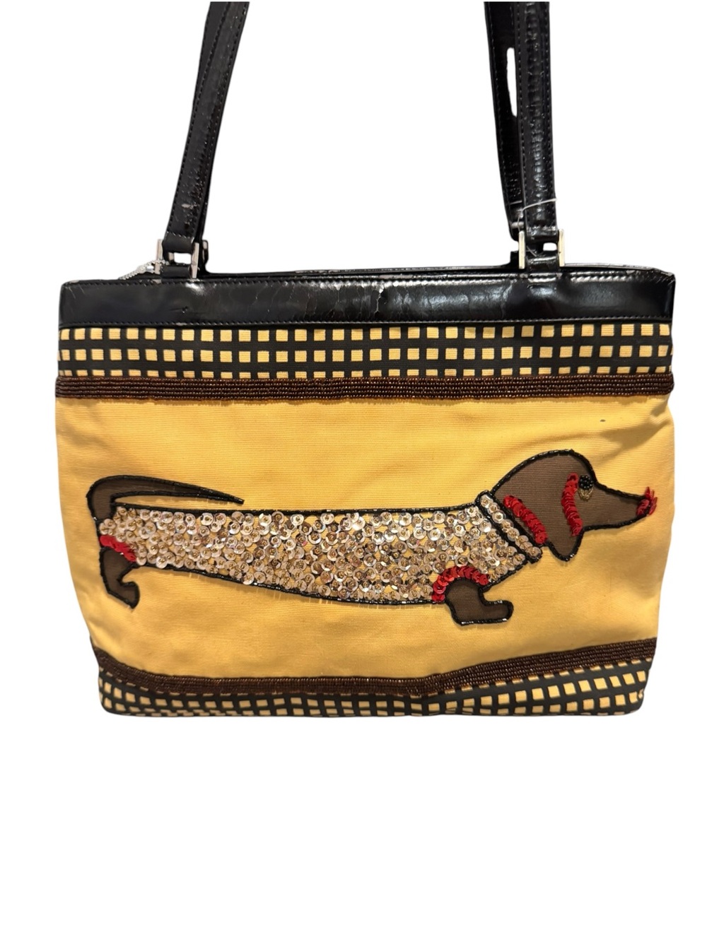 VANI Dachshund Dog Sequin Handbag Yellow Black Novelty Purse Tote Y2K Shoulder